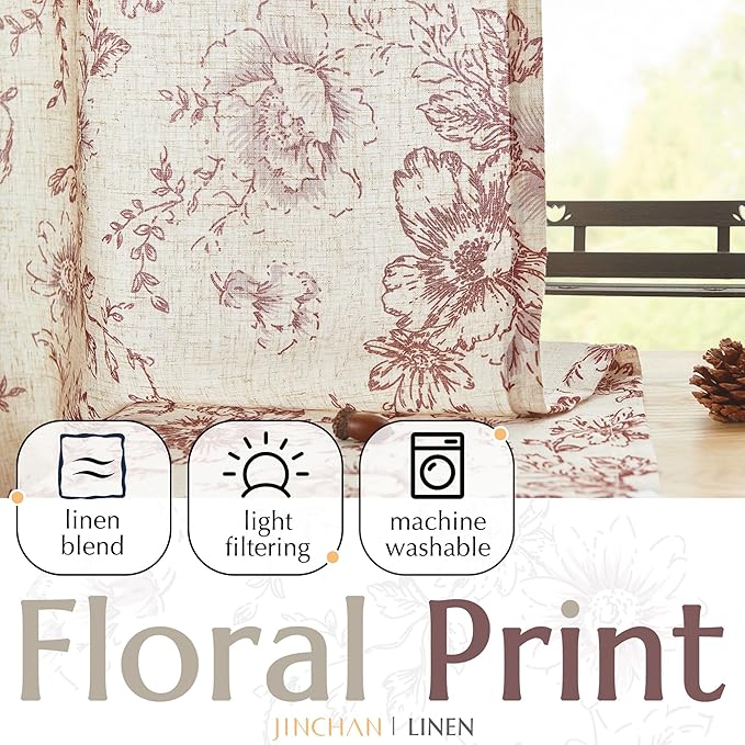 jinchan Linen Blend Curtain Floral Curtains - Image 3