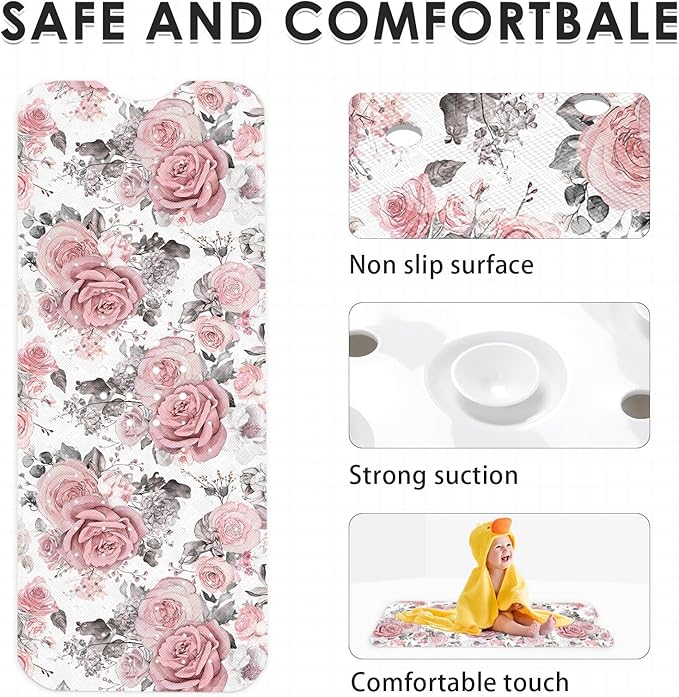 Pink Flower Leaves Bath Mat Non Slip, Floral Rose Spring 40 X 16 Inch Extra - Image 4
