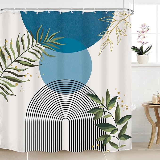 Blue Boho Modern Shower Curtain 72Wx72H Mid Century Abstract Gold Green Leaves by MitpokBrand