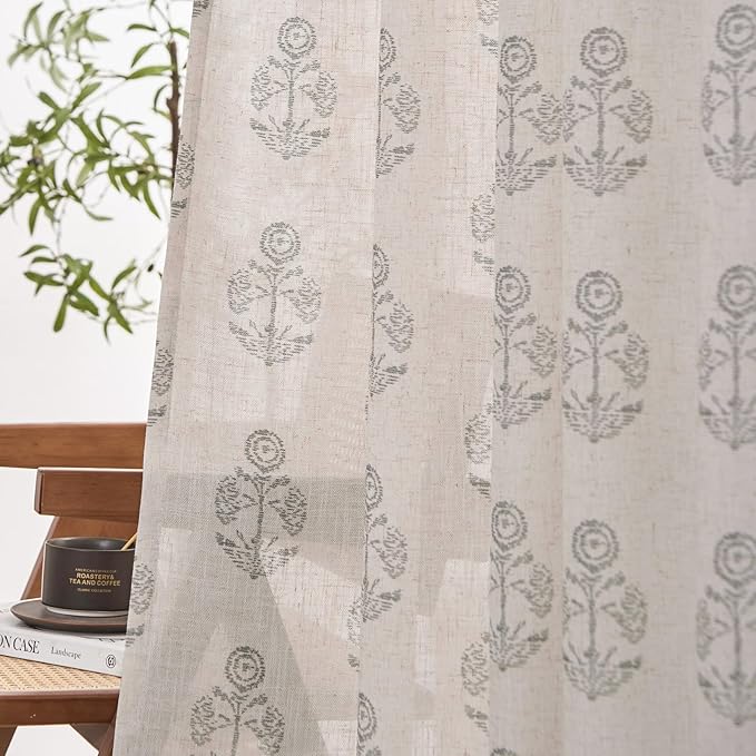 jinchan Linen Floral Curtains for Living Room 96 Inch Length Gray Flower - Image 3