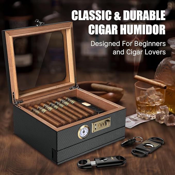 Cigar Humidor, Cedar Wood Humidor Cigar Box, Glass Top Desktop Humidor - Image 7