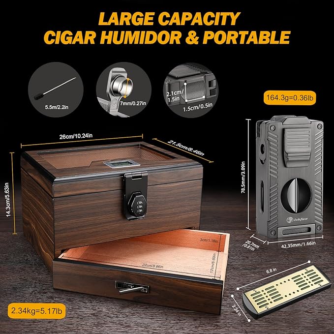 Cigar Humidor and Cigar Lighter Kit, Cedar Wood Cigar Case - Image 5