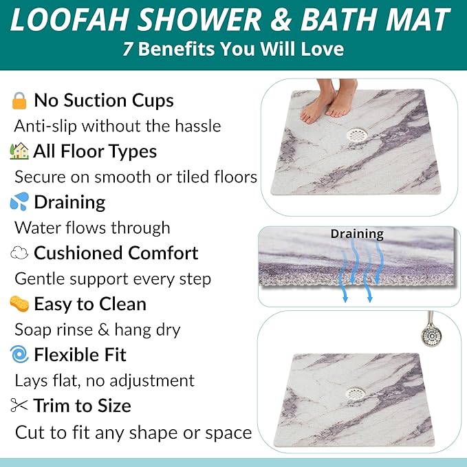 Enkosi Loofah Shower Mat with Drain Hole – Cushioned Anti-Slip Square Bath Mat - Image 4