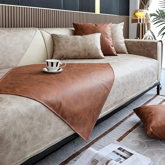 Faux Leather Waterproof Couch Sofa Cover Vintage PU Sectional Couch Cover Non - Image 4