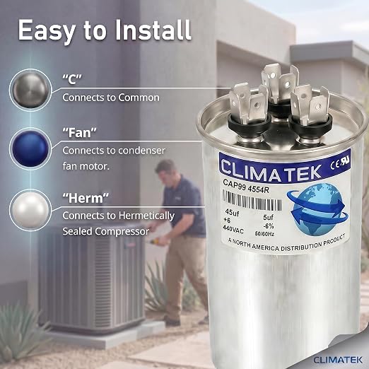 ClimaTek Round Capacitor Replaces Carrier # HC98JA046D | 45/5 uf MFD, 370/440 - Image 3