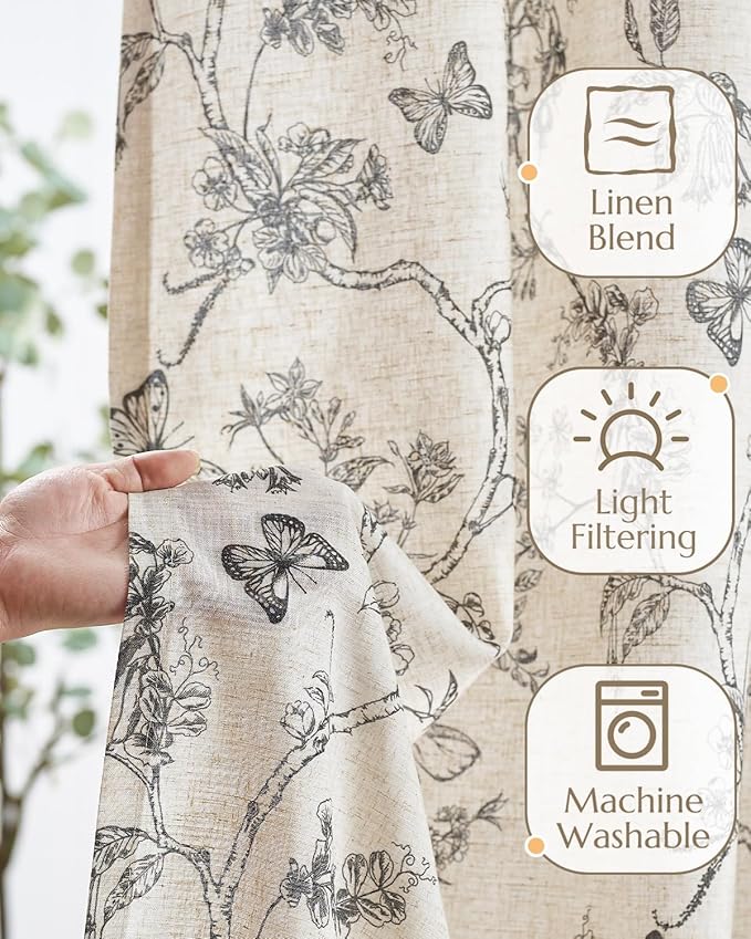 jinchan Floral Linen Curtains for Living Room 84 Inch Length Butterfly Curtain - Image 4