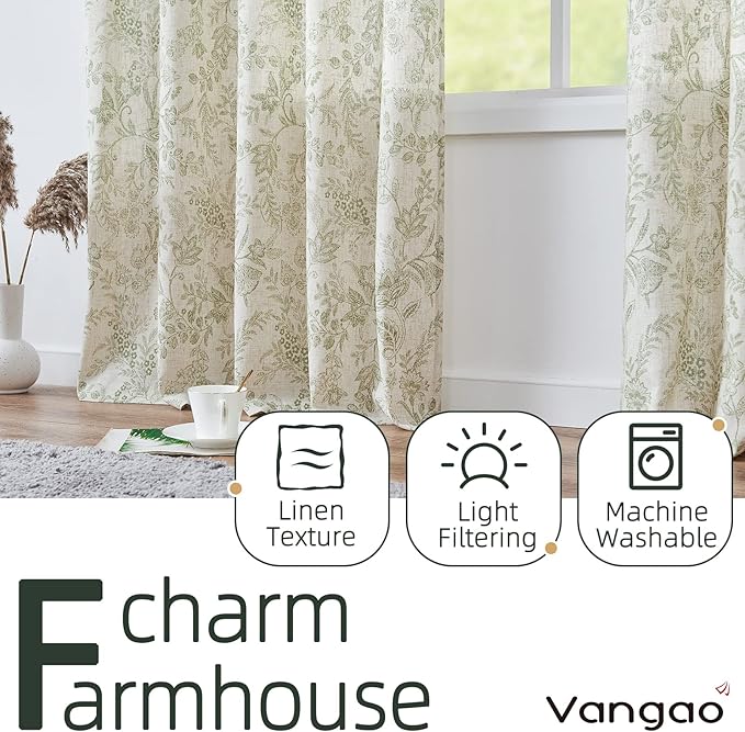 Vangao Green Floral Linen Blend Curtains - Image 3