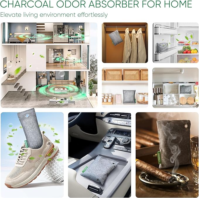 Activated Charcoal Odor Absorber, Large 12 Pack w Hooks Nature Odor Eliminator - Image 3