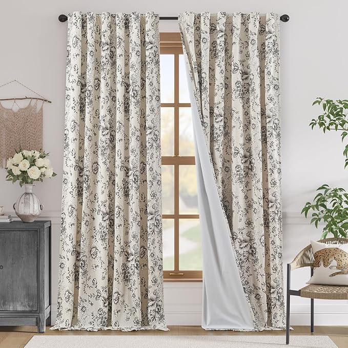 jinchan Blackout Linen Blend Curtain Floral Blackout Curtains by JINCHAN
