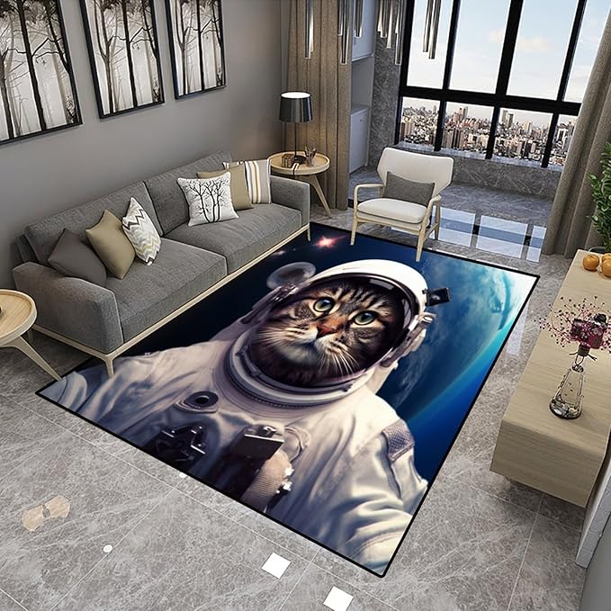 Rug, Space Kitten Pattern Printing Washable Area Rugs Fade Resistant, Flame - Image 4