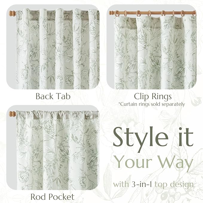 jinchan Floral Curtains 90 Inch Length Sage Green Flower Linen Farmhouse Curtain - Image 5