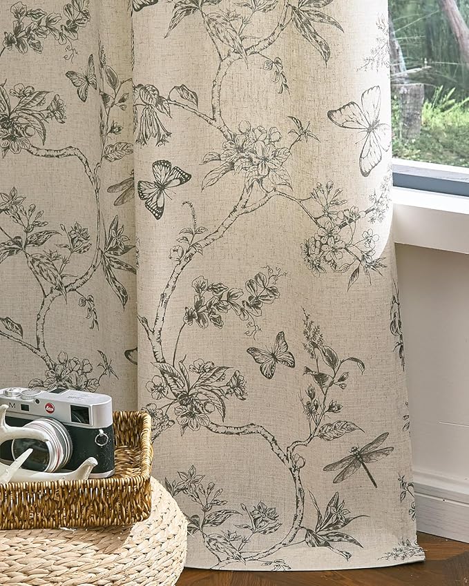 jinchan Floral Linen Curtains for Living Room 84 Inch Length Butterfly Curtain - Image 5