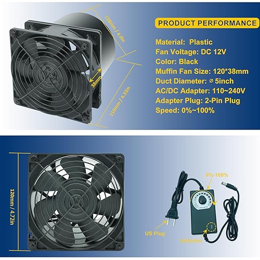 5in Air Exhaust Fan Fume Extractor, 6000RPM 210CFM DC12V Fan w/ 6.5ft Hose - Image 3