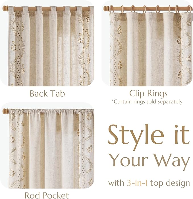 jinchan Belrose Linen Curtains for Bedroom Floral Curtains 63 Inch Length Linen - Image 6