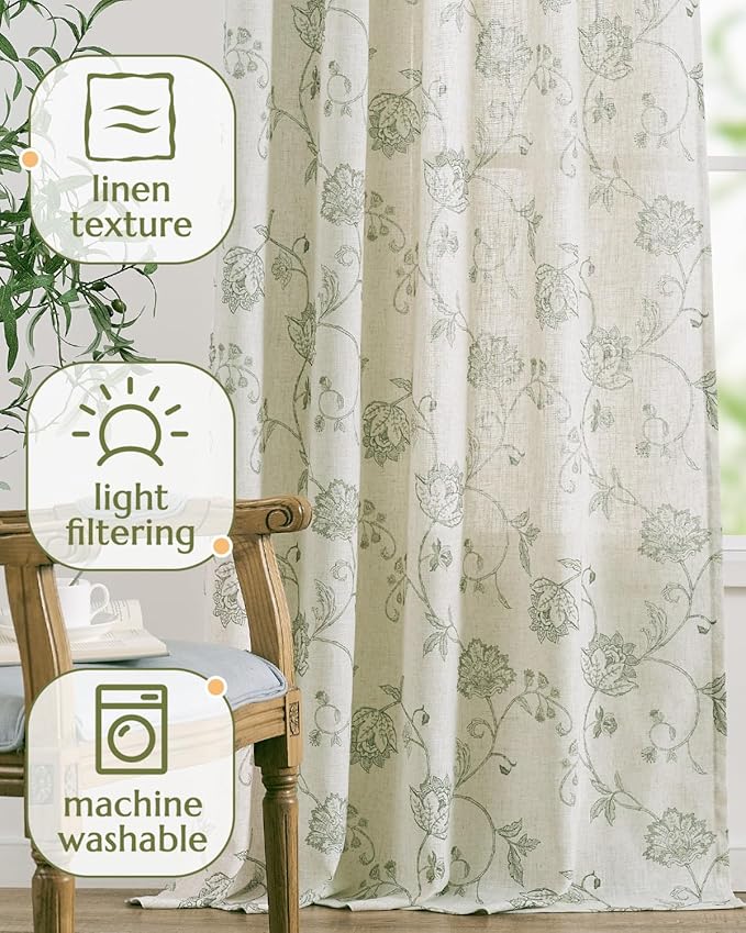 jinchan Linen Curtains Floral Curtains 63 Inch Length - Image 4