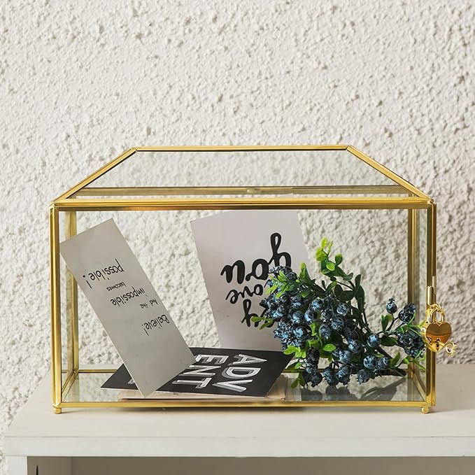Glass Wedding Card Box with Slot, 12.6 inch Large Clear Card Box Gold Brass - Image 3