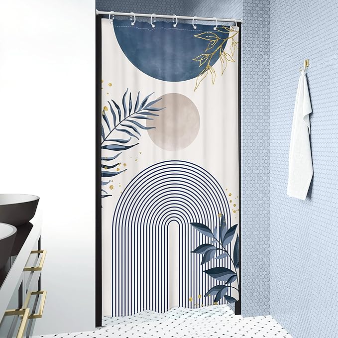 Small Stall Boho Shower Curtain 36Wx72H RV Blue Modern Mid Century Abstract - Image 3