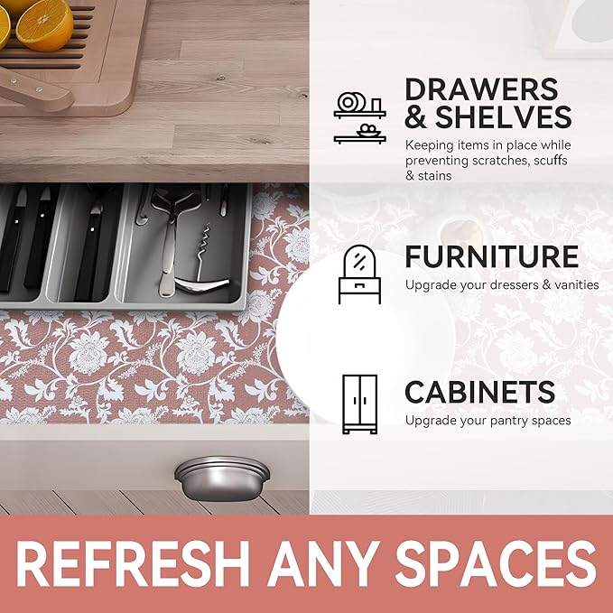 RAY STAR Shelf Liner, 12 Inch x 10 Feet Non Adhesive Floral Kitchen Cabinet - Image 6
