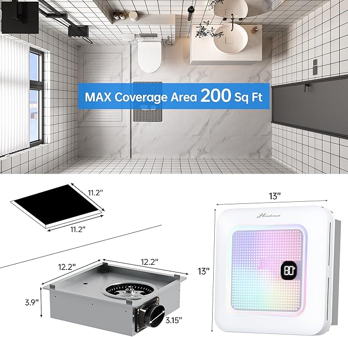 Bathroom Exhaust Fan with Bluetooth Speaker, 230 CFM 1.0 Sone Bathroom Exhaust - Image 2