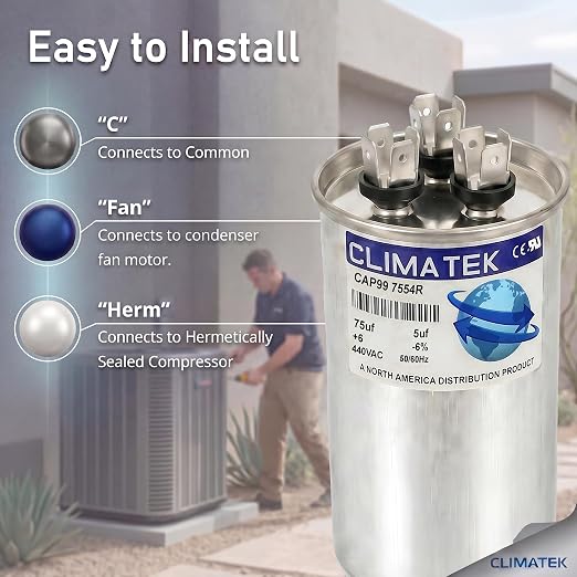 ClimaTek 75 + 5 MFD 370/440 Volt Dual Run Capacitor CAP99-7554R | 75/5 VAC | - Image 3