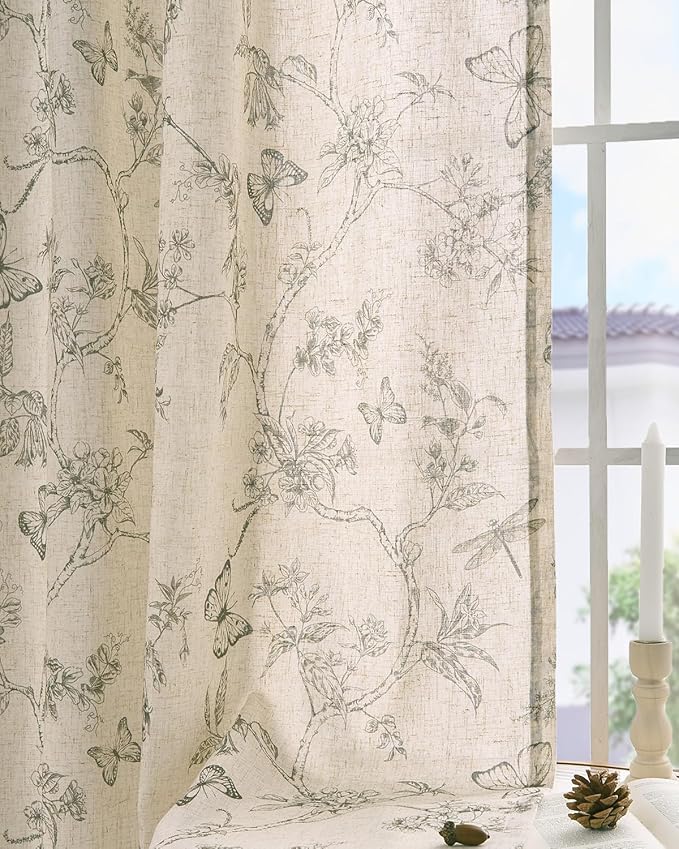 jinchan Floral Linen Curtains for Living Room 84 Inch Length Butterfly Curtain - Image 9