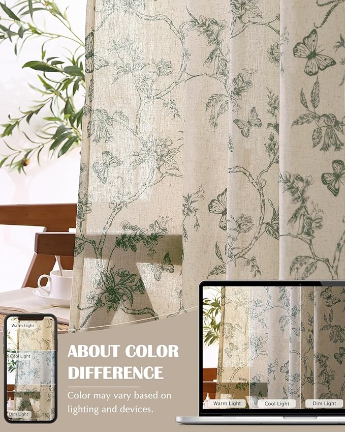 jinchan Floral Linen Curtains for Living Room 84 Inch Length Butterfly Curtain - Image 7