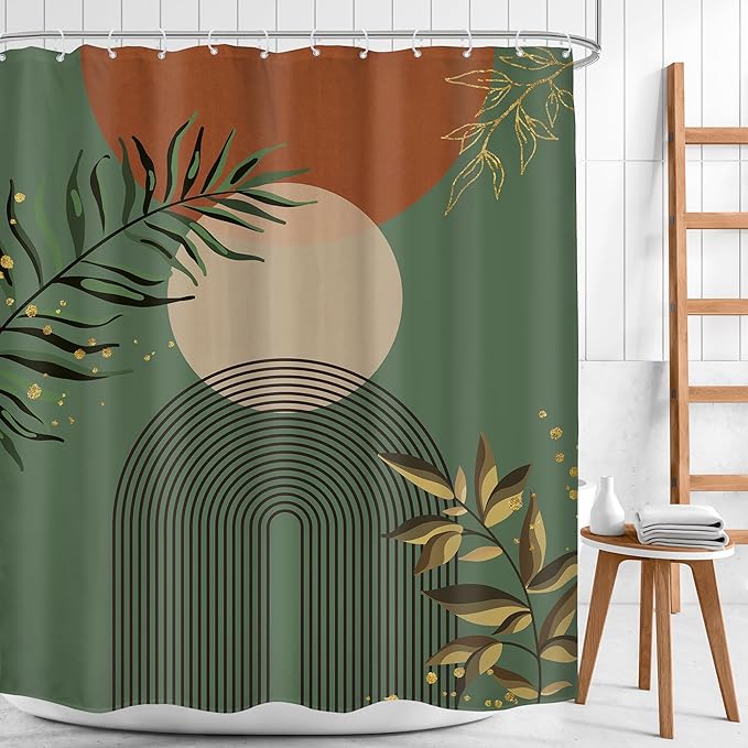 Boho Dark Green Shower Curtain 60Wx72H Abstract Bohemian Mid Century Minimalist - Image 2