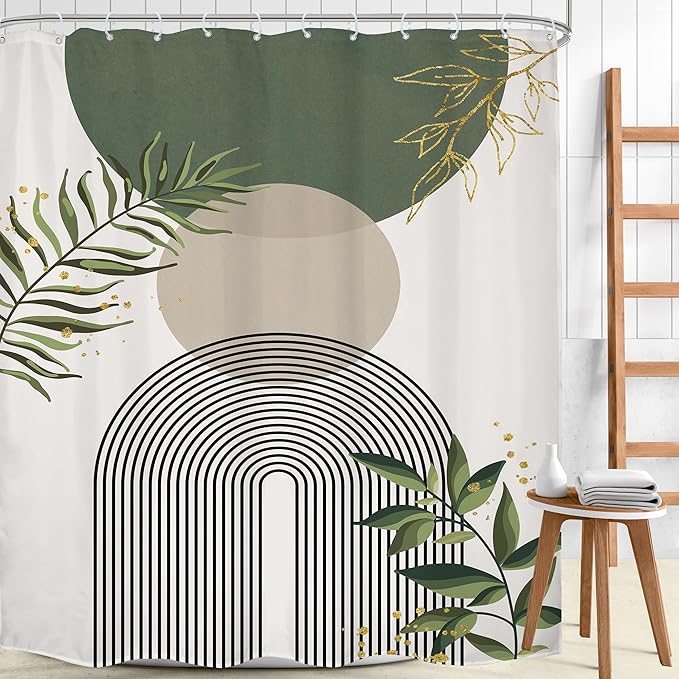 Green Boho Shower Curtain 72Wx96H Extra Long Mid Century Modern Abstract Green - Image 2