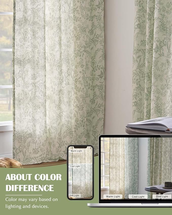 Vangao Lined Linen Curtains for Bedroom Floral Curtains 84 Inches Long Green - Image 8