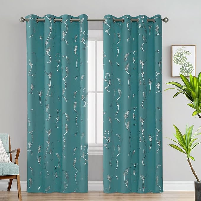BUHUA Blackout Curtain 2 Panel Set Silver Vine Foil Print Thermal Insulated - Image 2