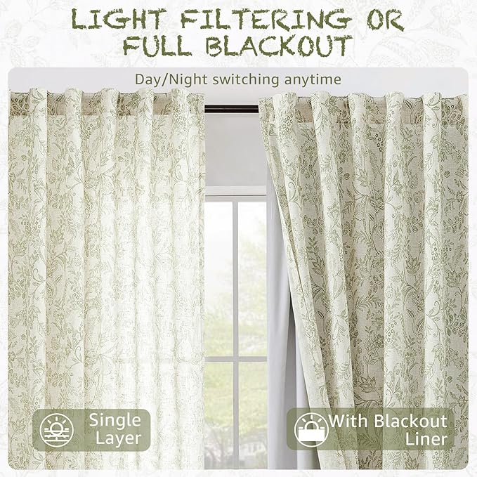 Vangao Linen Curtains with Detachable Blackout Liners Floral Curtains - Image 5