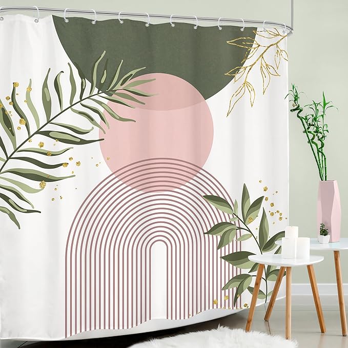 Green Pink Boho Shower Curtain 72Wx72H Modern Bohemian Abstract Sage Green Gold - Image 2