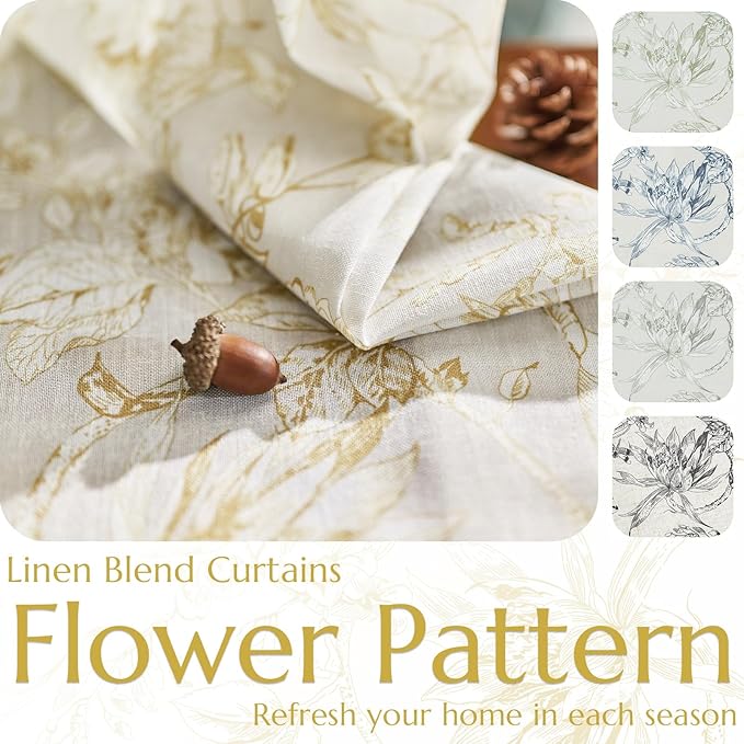 jinchan Floral Curtains 63 Inch Length Mustard Yellow Flower Linen Farmhouse - Image 4