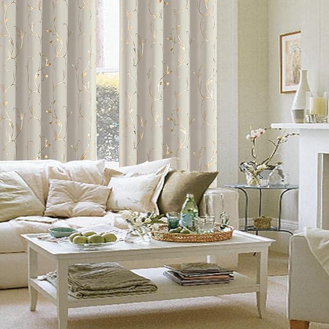 BUHUA Blackout Curtains Gold Foil Print Flower Vine Grommet Drapes, Room - Image 3