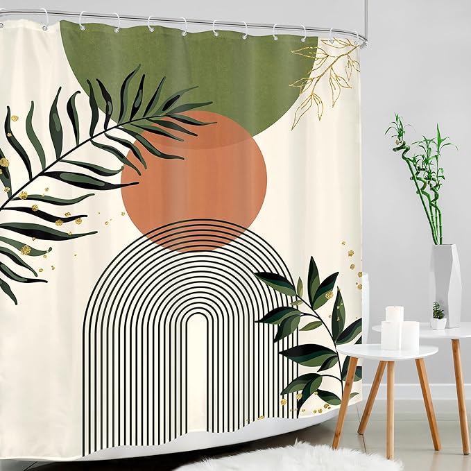 Green Boho Shower Curtain 60Wx72H Abstract Bohemian Modern Leaves Mid Century - Image 3