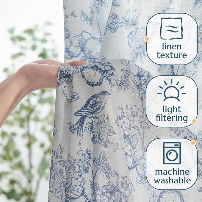 jinchan Linen Floral Curtains for Living Room 63 Inch Length Blue Printed - Image 3
