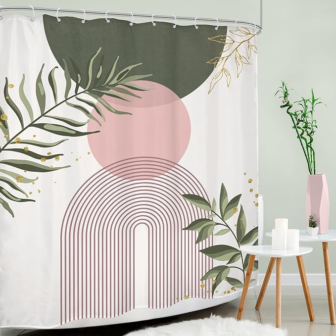 Pink Sage Green Boho Shower Curtain 60Wx72H Mid Century Modern Abstract Gold - Image 3