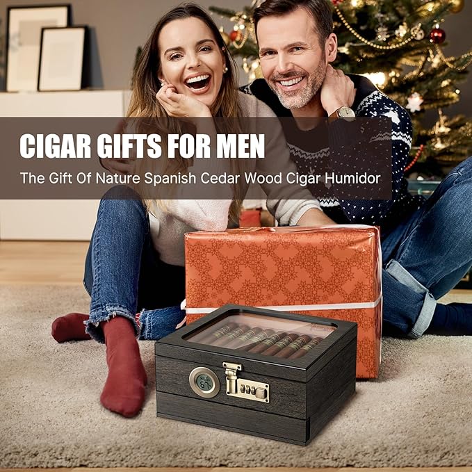 Cigar Humidor, Cedar Wood Humidor Cigar Box, Glass Top Desktop Humidor - Image 9