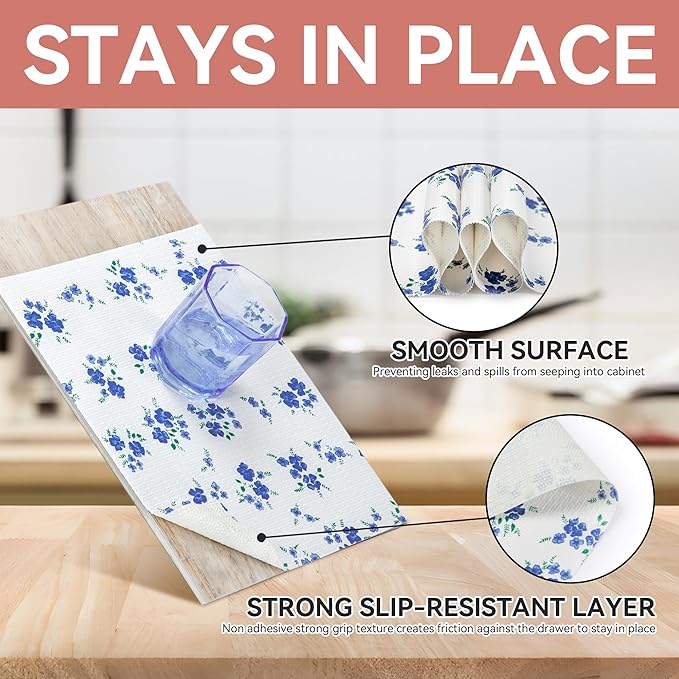 RAY STAR Shelf Liner, 18 Inch x 24 Feet Non Adhesive Blue Floral Kitchen - Image 3