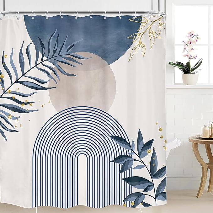 Navy Blue Boho Shower Curtain 72Wx78H Grey Modern Bohemian Abstract Leaves by MitpokBrand