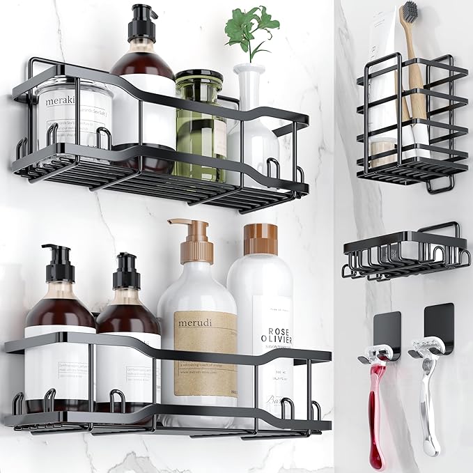 Shower Caddy Bathroom Shelves, The Athena Silken 4 Set, 40LB Capacity, Adhesive by Tribal+Cooking