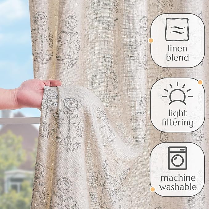 jinchan Linen Floral Curtains for Living Room 84 Inch Length Gray Flower - Image 4