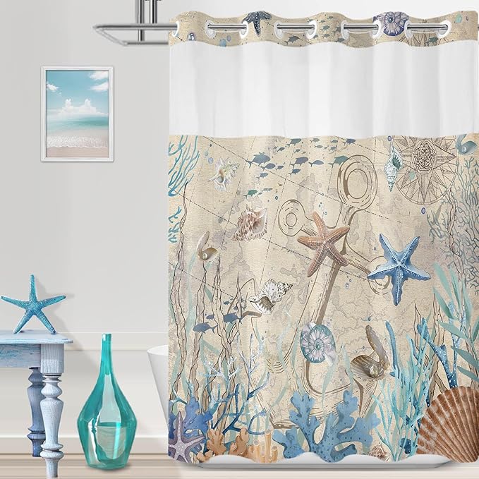 No Hook Shower Curtain with Snap in Liner, Beach Ocean Nautical Coastal Shower by TWLSNCD