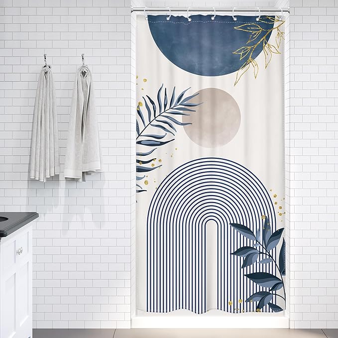 Small Stall Boho Shower Curtain 36Wx72H RV Blue Modern Mid Century Abstract - Image 2