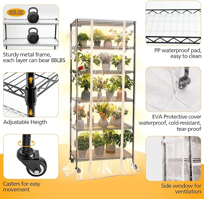 Meonum Indoor Greenhouse with Grow Lights, 6 Tier Metal Plant Shelf with Cover - Image 3