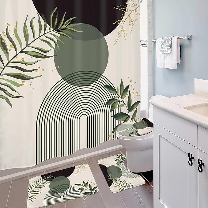 4 PCS Dark Green Boho 72Wx72H Shower Curtain Set Modern Mid Century Leaves - Image 3