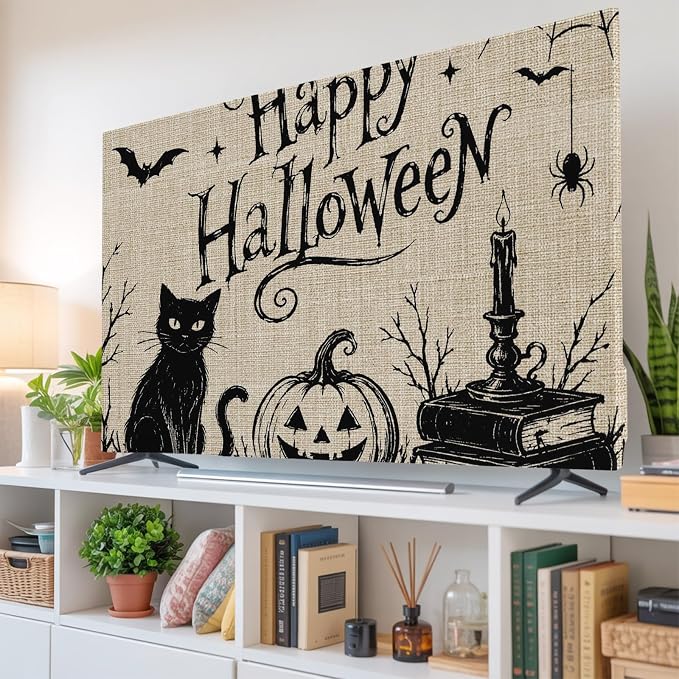 Happy Halloween Black Cat Smile Pumpkins Indoor TV Cover, Elastic TV Screen by Unknown