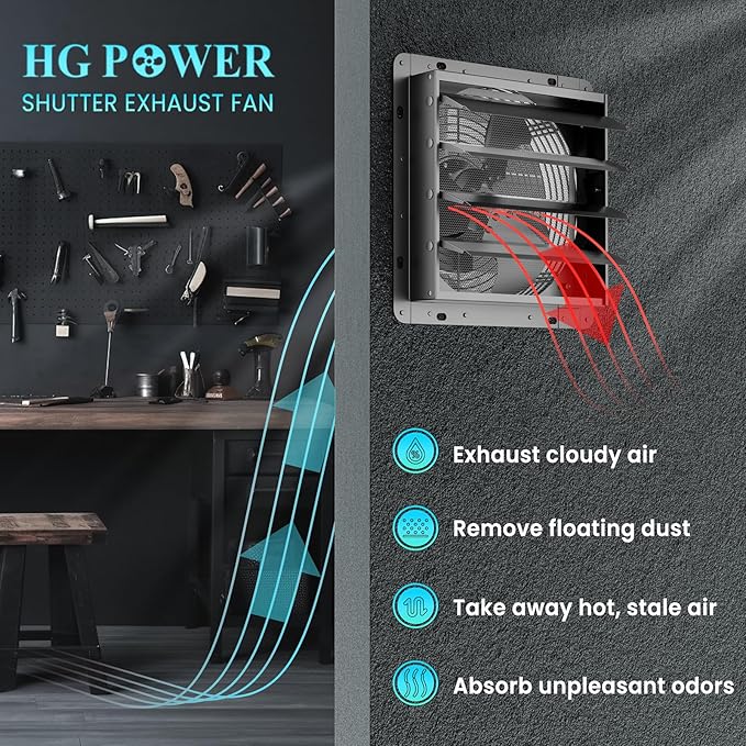 HG Power 14 Inch Shutter Exhaust Fan, 882CFM High-Speed Vent Fan, 1400RPM Wall - Image 5