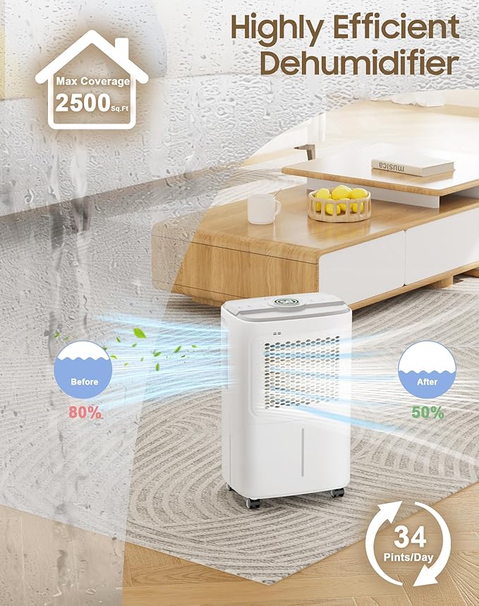 Dehumidifier for Home Basement Max 34 Pint 2500 Sq.Ft Small Quiet Portable - Image 4