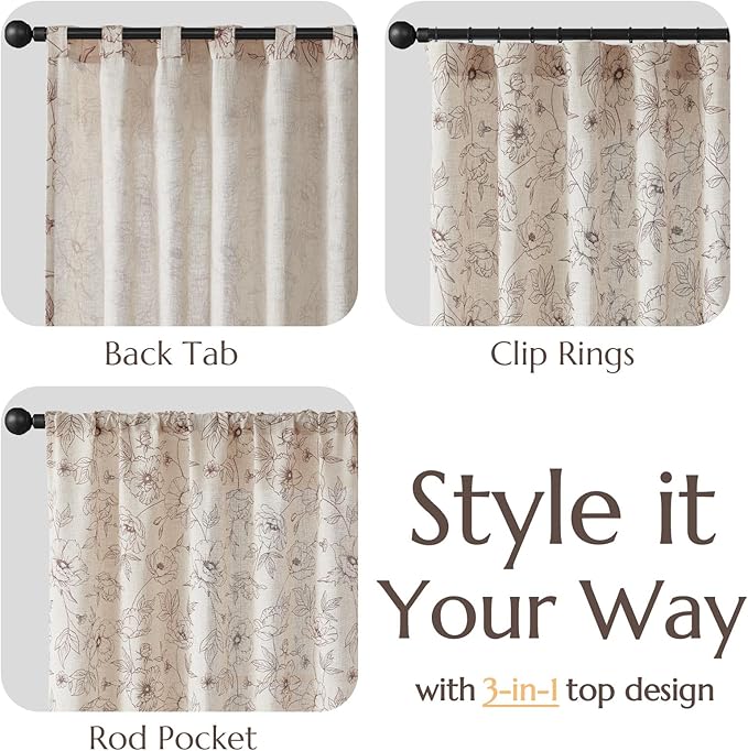 jinchan Floral Linen Curtains for Living Room 63 Inch Length Brown Flower - Image 3